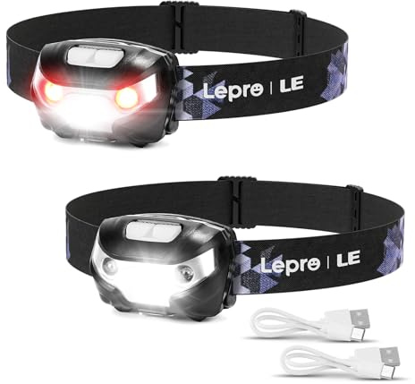 Lepro Stirnlampe LED Wiederaufladbar, USB C Kopflampe mit 5 Modi & Rotlicht | IPX4 Wasserdichte Mini Stirnlampe für Kinder, Leicht Stirnlampen Ideal für Joggen & Camping, 45° Werden, Schwarz, 2 Stück
