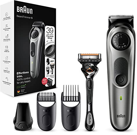 Braun Bartschneider BT5260 und Haarschneidemaschine für Herren, scharfe Klingen, 39 Längeneinstellungen, schwarz/silbernes Metall, UK-Stecker