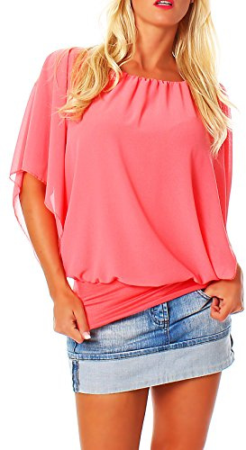 Malito – Damen Bluse in Fledermauslook – Tunika Kurzarm mit bequemen Schnitt – Elegantes Oversize Blusenshirt mit breitem Bund – Shirt Leo-Print & Uni 6296 - (Coral)