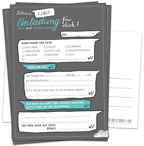 10 Einladungskarten - Kleine Chat Einladung für dich - Grau Weiß Türkis, Postkarten Einladungen zum Geburtstag, Jubiläum, Party, Einzug, Abschluss, Abschiedsfest, DIY Design mit Adressfeld