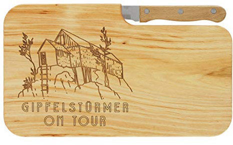 LASERHELD | Brotzeitbrett Holz mit Gravur “Gipfelstürmer on Tour” & Messer | 26 x 15 cm | Frühstücksbrettchen Holz Schneidebrett Jausenbrett | Geschenk für Wanderer und Bergfreunde zum Vatertag