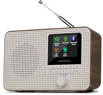 LEMEGA IR1 Portable WiFi Internet Radio,FM Digital Radio,Bluetooth Speaker,Dual Alarms Clock,Sleep Snooze Timer,40 Presets, Headphone-Output,Colour Display,Batteries or Mains Powered – Walnut Finish