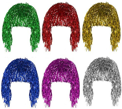 Caenagrion Metallfolie Perücken Set - Glänzende Folien Perücken - Gold, Weiß, Grün, Lila, Rot, Blau - Einheitsgröße - Unisex - Retro - Metallic Foil Material - Lockig - WIG