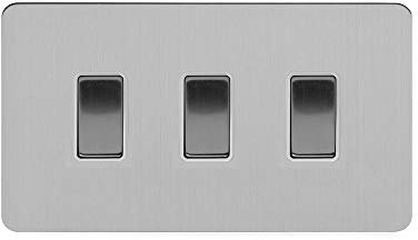 Soho Lighting Brushed Chrome Flat Plate 10A 3 Gang Light Switch on Double Plate 2 Way White Insert Screwless