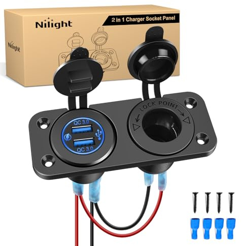 Nilight QC 3.0 USB Charger and Cigarette Lighter Socket Pre-Wired 12V-24V Dual USB Car Charger with Cigar Lighter Power Socket for Cars Trucks