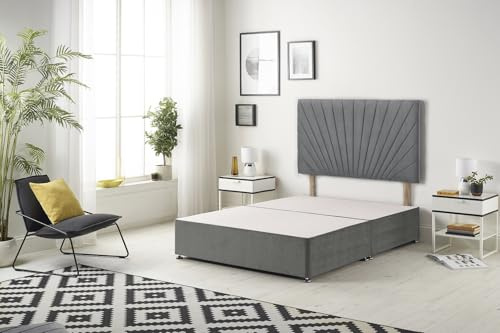 Bed Centre Platinum Charcoal Plush Divan Base With Headboard, Storage Drawers- Double, (Double 137 x 190 cm, No Drawer, With Headboard)