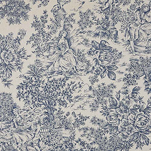 Kt KILOtela - Tela stampata in tela, decorazione, tappezzeria, cuscini, tovaglie, borse, artigianato, 100 cm lunghezza x 280 cm larghezza, romantico, paesaggio, toile de jouy, blu, crudo ─ 1 metro