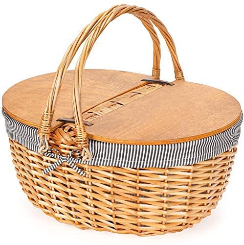 Picknickkorb aus Weidengeflecht mit Einlage, Holz geteilter Deckel Picknickkorb, Vintage-Stil Picknickkorb mit faltbarem gewebtem Griff für Picknick, Camping, Erntedankfest, Geburtstag (grau)