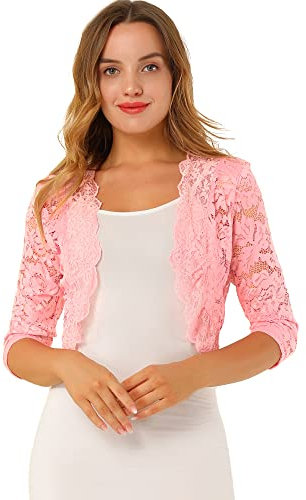 Allegra K Día de San Patricio Cárdigan Toreras Top De Encaje Floral Transparente Manga 3/4 Elegante para Mujer Rosas M
