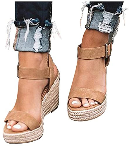 BIBOKAOKE Plateau Sandalen Damen Espadrilles mit Keilabsatz Keilsandalen Absatz Espadrille Sommer Frauen Schuhe Schnalle offene Zehen Atmungsaktive Sandalen Riemchensandalen