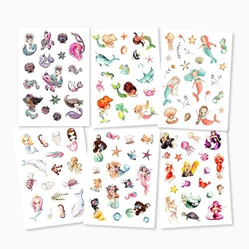 Pandawal® Tattoo für Kinder Meerjungfrauen Tattoos 6er Set Mädchen perfekt für Kindergeburtstag Party Mitgebsel Hautfreundliche Temporäre Kindertattoos