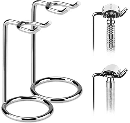 Linkidea Lot de 2 supports de rasoir de sécurité à poignée courte en acier inoxydable, support de rasage de luxe pour homme, compatible avec poignée de moins de 8,9 cm (argenté)