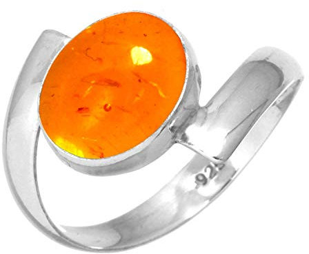 Jeweloporium Oranger Bernstein-Silberring, Größe 68 (21,6), 925er Sterlingsilberring für Damen, ovaler Stein, Boho-Schmuck