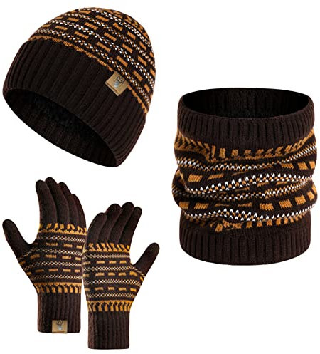 INSISMY Winter Beanie Mütze Schal und Touchscreen Handschuhe Set, Strickmützen Thermohandschuhe für Damen und Herren Halswärmer 3 Stück Totenkopf Kappe Dickes Fleece