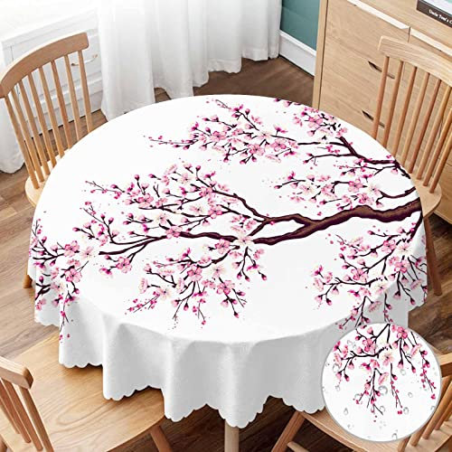 Yibeas Runde Tischdecke, Kirschbaum, 152,4 cm, Kirschbaum, japanische Blüte, Zweig, Blätter, Blüte, Natur-Tischdecke für Esstische, Partys, Hochzeiten und Bankett-Dekoration