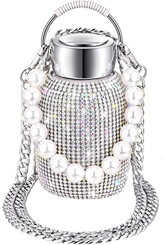 Bottiglia D'acqua Rina Di Rinestina Con Catena Del Braccialetto Perle in Acciaio Inossidabile Bling Sottopianco Isolato Termale Acqua Per Le Donne Regalo Compleanno Natale,Argento