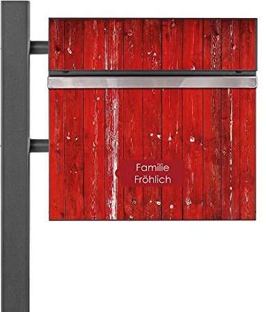 banjado® Standbriefkasten Anthrazit mit Namensschild Rote Holzlatten & Zeitungsfach/Briefkasten mit Standfuß in Anthrazit/Postkasten A4 Einwurf inkl. Montagematerial & 2 Schlüsseln