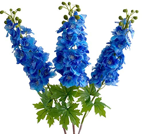 YalzoneMet 3 Pcs Dark Blue Delphinium Artificial Flower Latex 31.5'' Long Stem Fake Larkspur Real Touch Lifelike Big Silk Delphinium Flower for Home Decor Wedding Flora Table Centerpiece