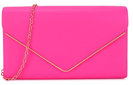 LeahWard Faux Leather Clutch Bag With Chain Strap (NEON FUCHSIA)