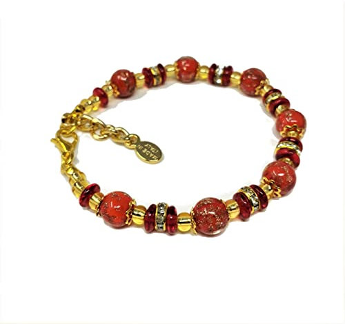 Sospiri Venezia Bracelet Femme composé de 7 Perles en Verre Diamètre 8 mm Bracelet en Verre de Murano Original Bijou Idée Cadeau Made In Italy Certifié, Rouge-Rouge