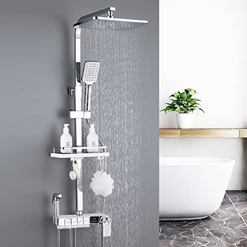 Dnkelar Colonne de Douche avec affichage LED Thermostatique Système de Douche à touche de piano Hauteur Réglable Grande Douche de Tête avec Étagères et Crochets pour Salle de Bain (Argent)