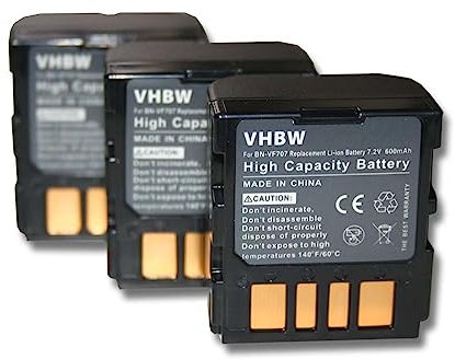 vhbw 3X batería Compatible con JVC GR-DF450U, GR-DF450, GR-DF425E, GR-DF425, GR-DF420EX, GR-DF420 cámara de vídeo (600 mAh, 7,2 V, Li-Ion)
