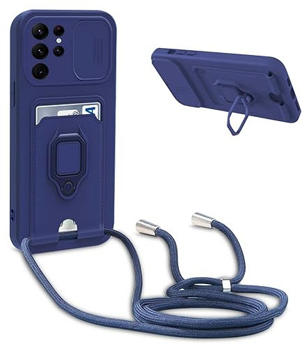 Coque avec Cordon pour Samsung Galaxy S22 Ultra 5G,Collier pour Étui Colliers de cellulaire Réglable Corde Silicone Souple Case,Protection de la Caméra,Support,Porte Cartes - Bleu