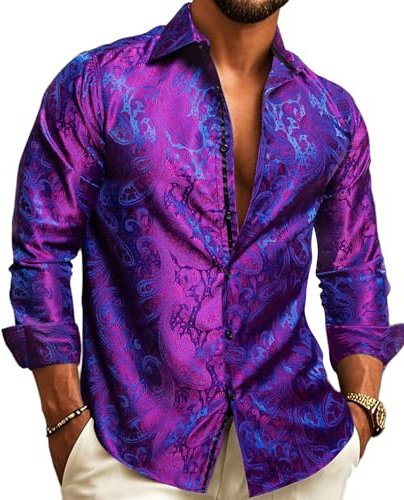 Barry.Wang Men Dress Shirts Paisley Silk Long Sleeve Button Big and Tall Down Shirt Fashion Leisure Wedding Party Prom Purple S-3XL