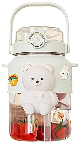 Azazaza Botella de agua de oso de 1000 ml, botella de agua Kawaii con popote y correa, taza de agua portátil con diseño de oso 3D para adolescentes, niñas, niños, deportes escolares (blanco)