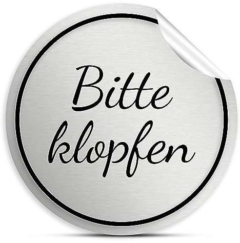 Bitte klopfen Aufkleber rund, 10cm in silber Klingelschild, selbstklebende Sticker für draußen, wetterfest und UV-beständig