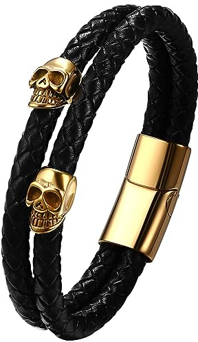 JewelryWe Lederarmband Herren Edelstahl: Retro Kreuz Infinity Unendlichkeit Symbol Totenkopf Dolch mehrschichtig geflochten Leder Armband mit Gravur Männer Armreif Manschette