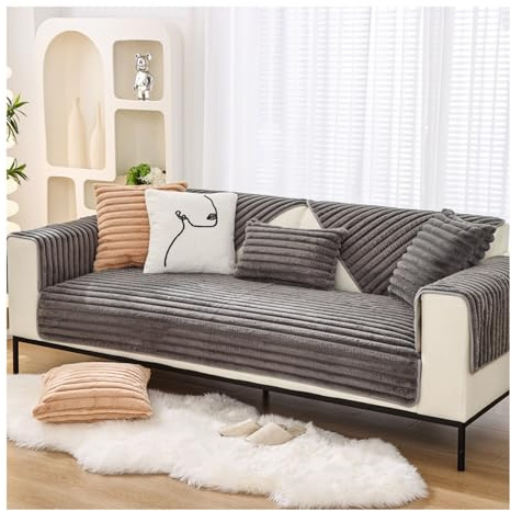 Tauzveok Sofaschoner rutschfest, Kaninchensamt Sofaschoner, Für Sofa Überzug L Form U Form, Plüsch Sofabezug 3 2 4 1 Sitzer, Katze Hund Sofa Schoner,Grau,70 * 120cm