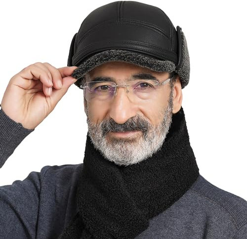 SJTJSPX Baseballkappe Herren Wintermütze Warm Schirmmütze mit Ohrenklappen Outdoor Baseball Cap Dicke Baseballmütze Hut Leder Winddicht Snapback Cap für Alte Menschen Camping Reisen Radfahren