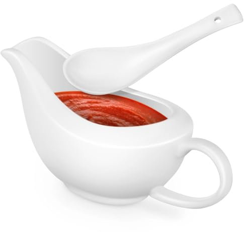 ABOOFAN Gravy Boat with Ladle Ceramic Sauce Serving Dish White Easy-Pour Gravy Boat for Dining/Holiday Meals/Parties