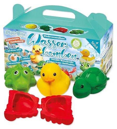 Lutz Mauder 4 wiederverwendbare Wasserballons Tiere, tierische Wasserbomben aus Silikon, schnell befüllbar mit Magnetverschluss im Geschenkkarton, Kinder und Erwachsene, Outdoor, Garten, Pool
