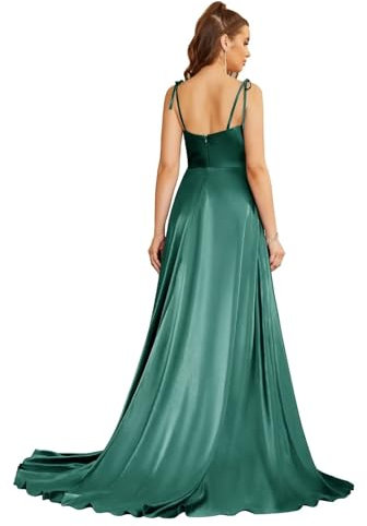 Misshow Robe de Bal Longue Elégante en Satin avec la Fente Robe pour Mariage Invitée Femme Temoin Vert Foncé L