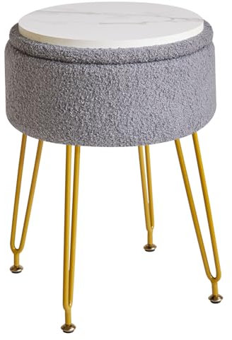IBUYKE Teddy Velvet Storage Footrest Stool Ottoman, Makeup Vanity Stool Side Table with Removable Cover, Golden Steel Legs, Coffee Table Top Cover, Gray WBD010G