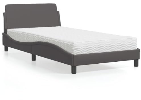 IKAYAA Bett 100x200 mit matratze und lattenrost Boxspringbett 100x200 mit matratze Polsterbett 100x200 Bett komplett mit Kopfteil Kunstleder-Grau-100 x 200 cm