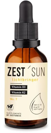 Vitamin D3 / K2 (1020 Tropfen) Vegan – 99,7% All-Trans K2VITAL® von Kappa – D3 aus Flechten – Flüssig, hochdosiert (1000 I.E.), laborgeprüft, Premium Qualität. ZEST'SUN