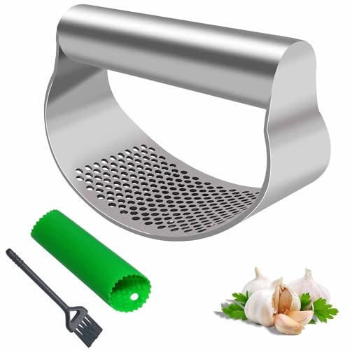 Garlic Press Stainless Steel Garlic Crusher Presser Kitchen Garlic Rocker Food Grade Ginger Grater Chopper Mincer Twister Squeezer Smasher with Silicone Garlic Peeler Tube Roller & Cleaning Brush