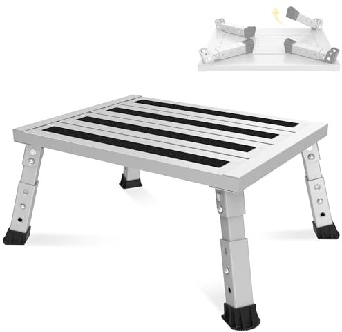 XARILK Taburete plegable ajustable para caravana, autocaravana, SUV, escalón de metal resistente con capacidad para 350 kg, antideslizante y plegable, 3 niveles de altura (18-24 cm), portátil para