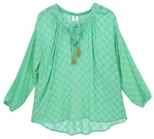 Blusentunika, Langarmbluse, plus size Strandbluse, A-Linie, locker | 100% Viskose, luftiges Material, elastische Bündchen, runder Halsausschnitt mit Tasseln, ideal für Strand und Stadt
