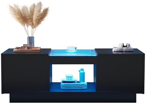 WEALTHOUSE Modern LED Coffee Table, Smart App Control RGB Lights, 2 Tiers and 2 Drawers for Living Room, Bedroom, Office, Gaming Room, Multifunctional Storage-Table with Tempered Glass Top (Black)