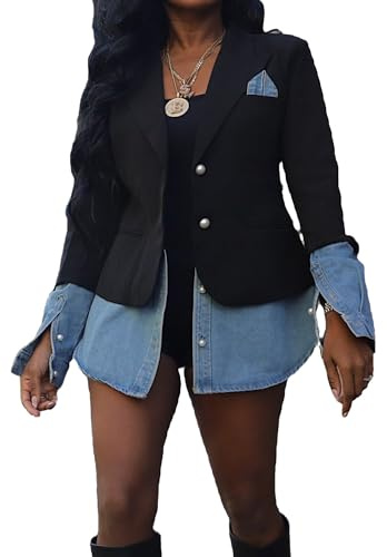 Vaceky Women's Dressy Denim Blazer Pearl Button Curved Hem Jacket