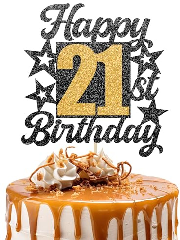Happy 21st Birthday Cake Topper - Cheers to 21 Years Black Gold Glitter - 21 & Fabulous Cake Decoration - Kids Birthday Cake Topper for Girls or Boys - Party Supplies