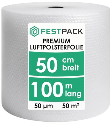 FESTPACK Luftpolsterfolie Rolle 50cm x 100m – Noppenfolie für Versand, Verpackung & Umzug 100% recycelbar, reißfest & nachhaltig – Bubble Wrap Polstermaterial Verpackungsmaterial