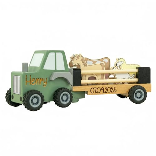Personalisiertes Holzspielzeug Traktor mit Anhänger und Tieren – Gravur mit Name & Datum – Geschenk zur Geburt, Taufe, Geburtstag, Baby & Kleinkinder