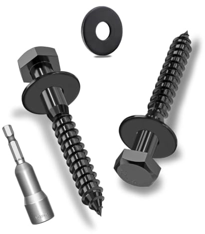 Ezitruz 15 tornillos hexagonales para madera M6 x 50 mm con arandelas, tornillos hexagonales, negro, acero inoxidable A2V2-DIN571, tornillo de llave con arandelas y llave de vaso