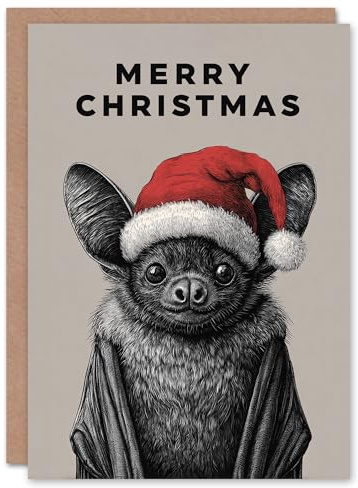 Artery8 Christmas Card Cute Bat Wearing Santa Hat Vintage Style Drawing