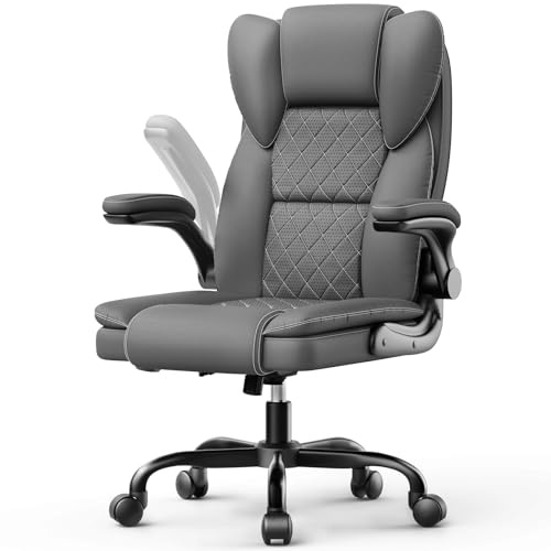 rattantree Bürostuhl, Großer Ergonomischer Bürostuhl mit Verstellbarer Lendenwirbelstütze, PU Leder Chefsessel, Drehstuhl mit Hochklappbaren Armlehnen, Liegestuhl für Büro und Zuhause, Grau